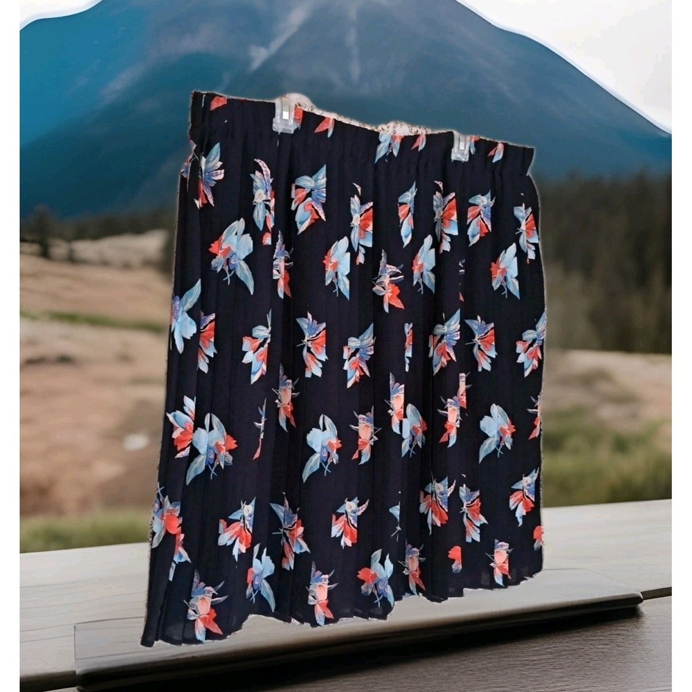 Ava&Viv Pleated Skirt 2X Dark Blue Floral‎ Print Elastic Waist Knee Length Lined